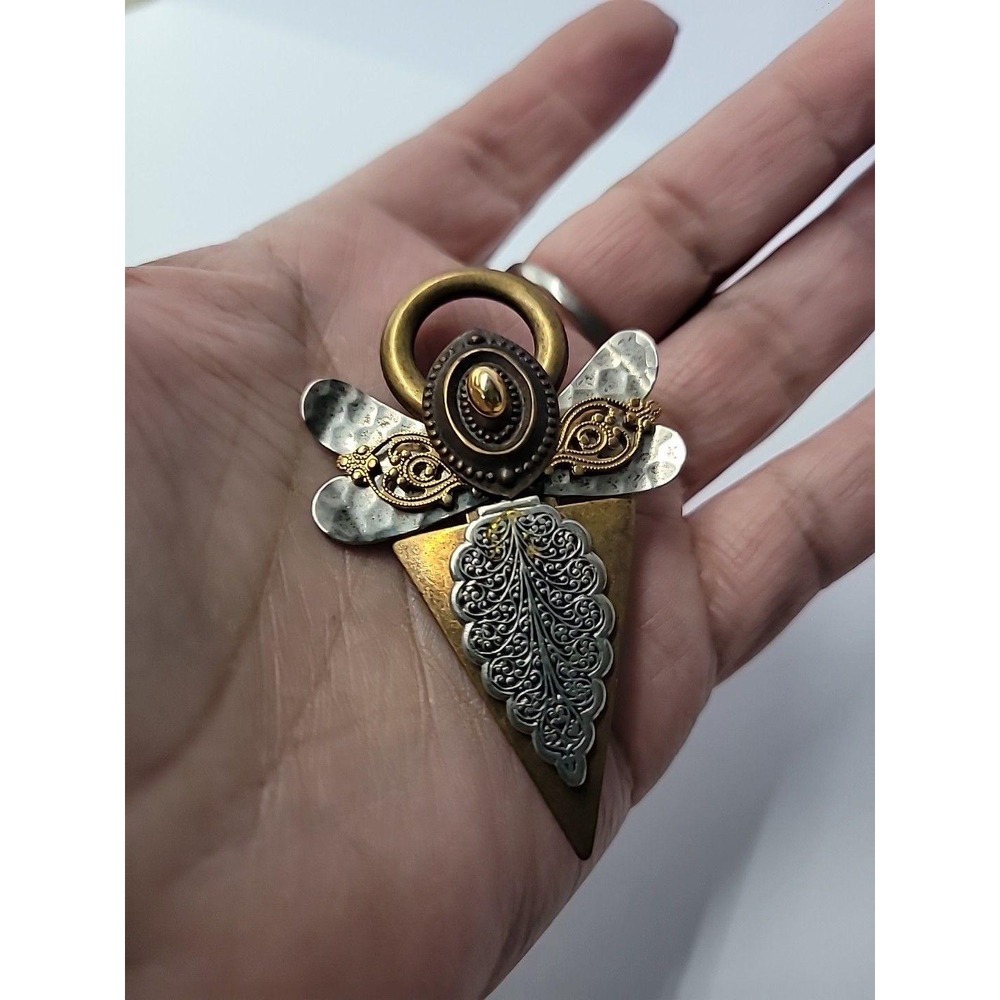 Vintage Treska Angel Brooch Pin Mixed Metal Halo Geometric Religious Signed - Picture 10 of 12